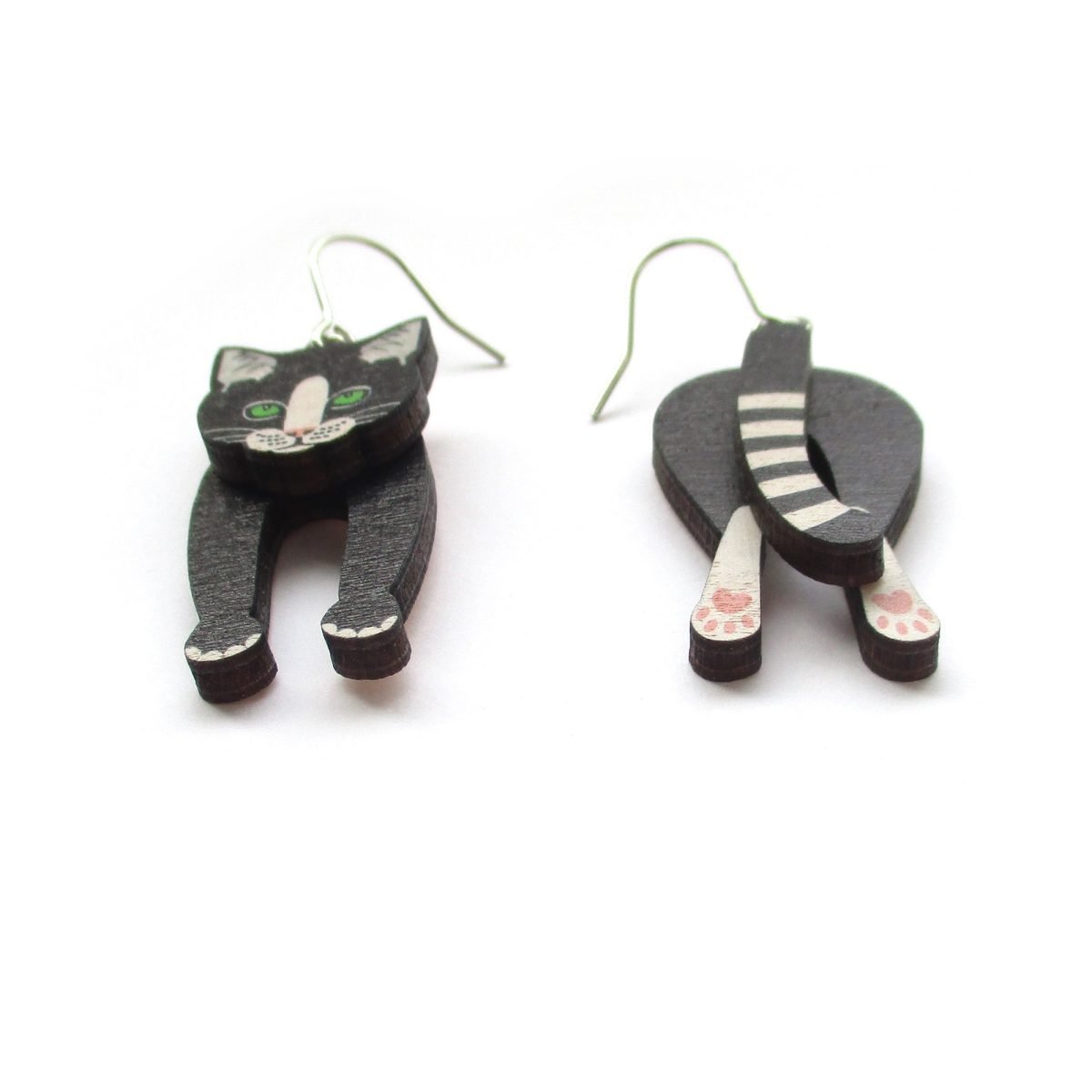 black and white cat head and tail earrings 2