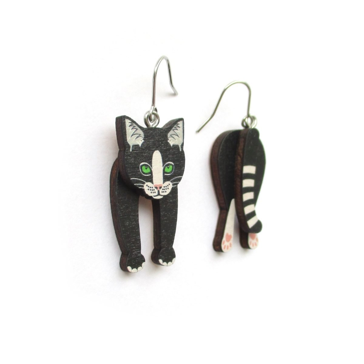 black and white cat head and tail earrings 3