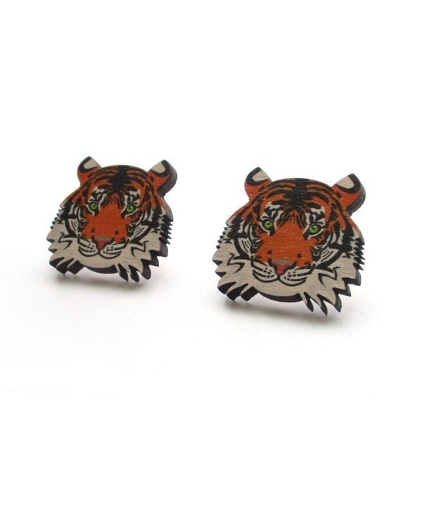 Tiger face stud earrings created by laser cutting and UV printing plywood