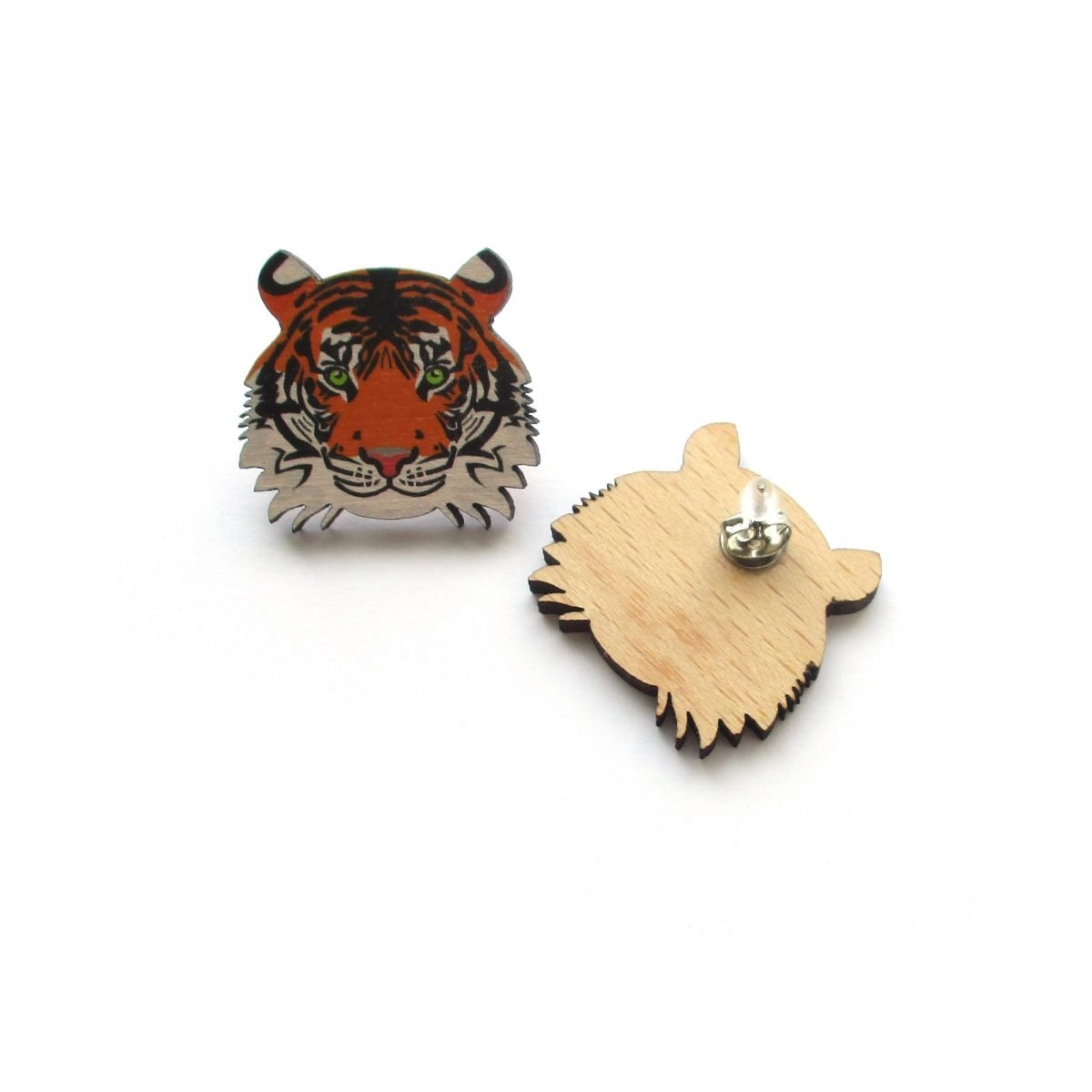 Laser cut wooden tiger face stud earrings, front and back